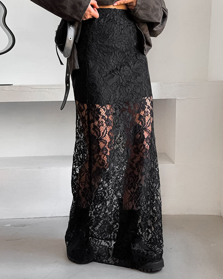 Elegant black hollow lace skirt