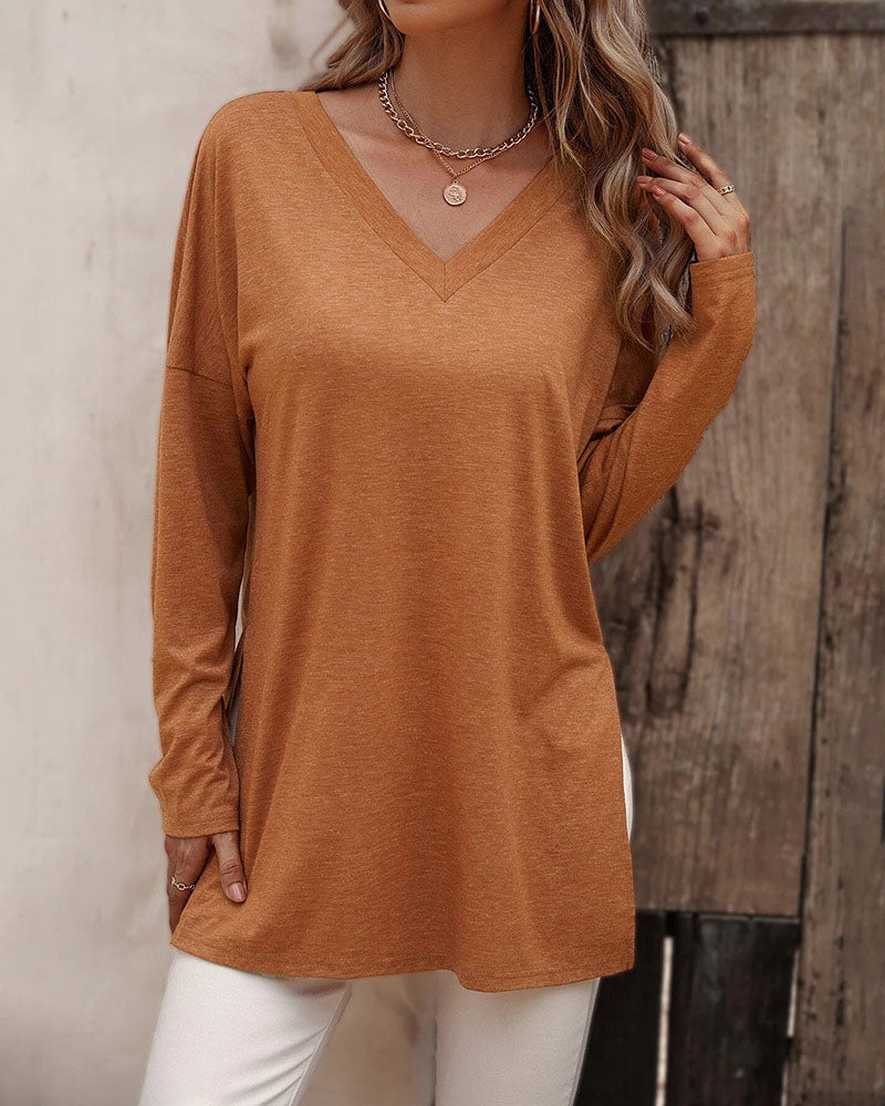 Loose hem slit knitted long-sleeved T-shirt