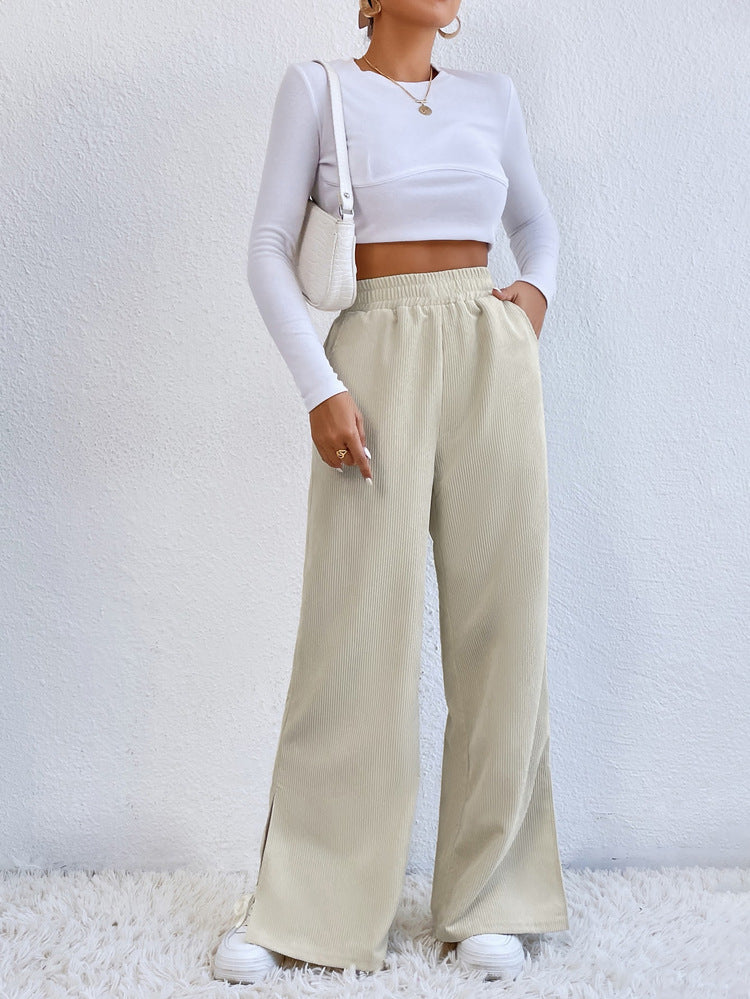 High waist corduroy slit hem trousers