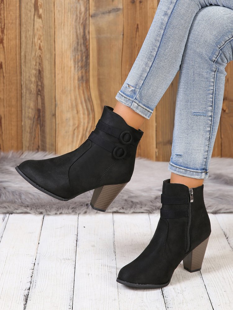 Suede block heel belt buckle side zip Martin boots