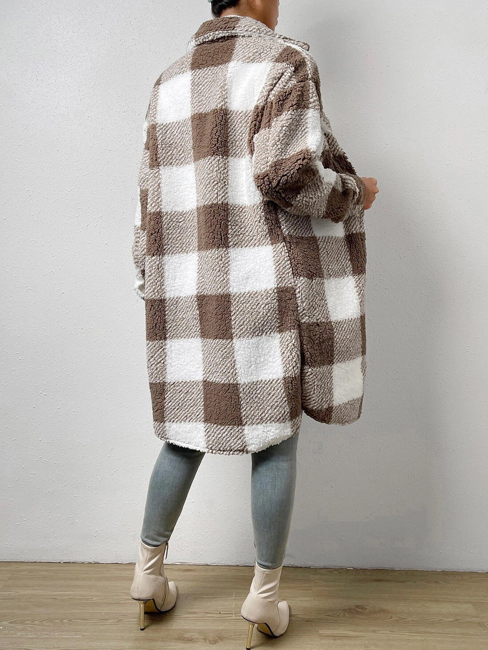 Button Front Long Sleeve Plaid Pattern Teddy Coat