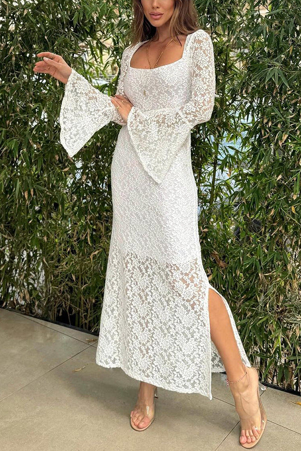 Square neckline lace Trumpet sleeve Slim slit Dress