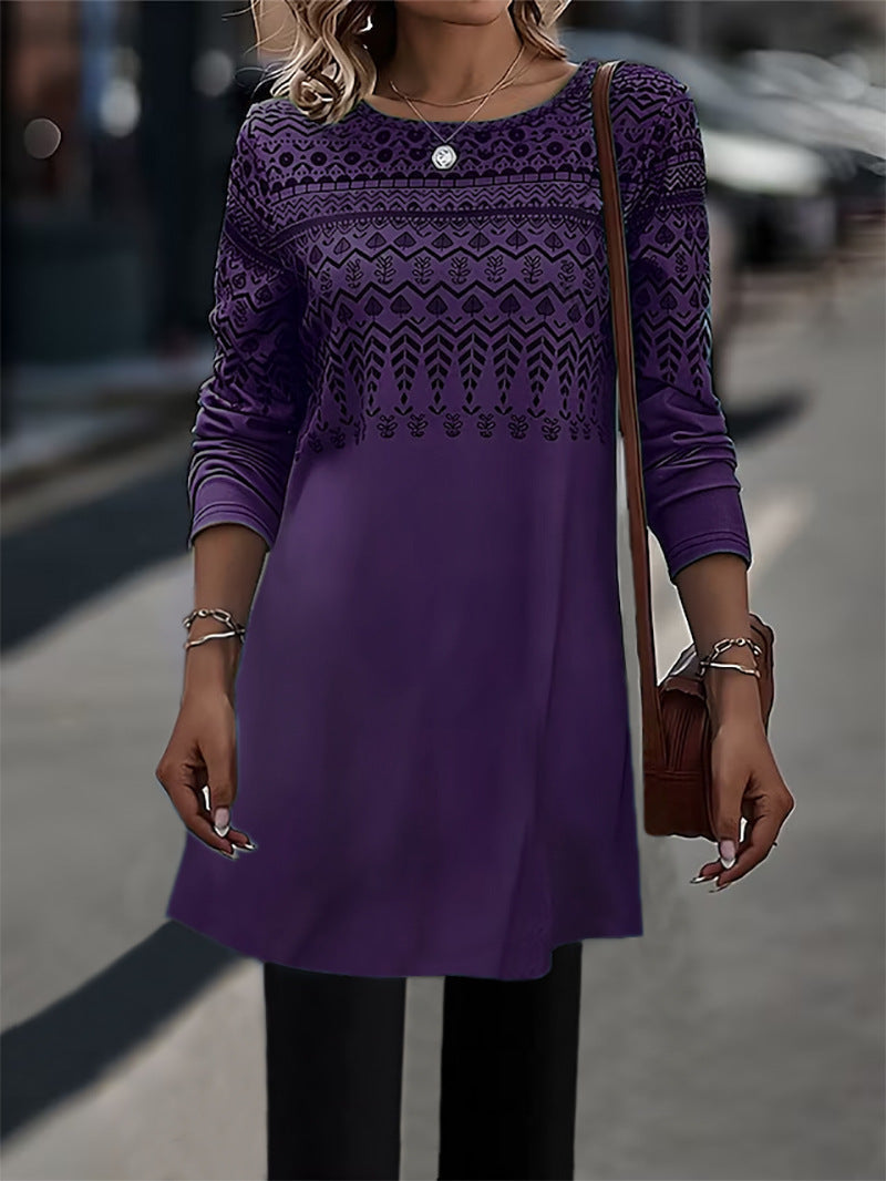 Printed long-sleeved mid-length knitted top