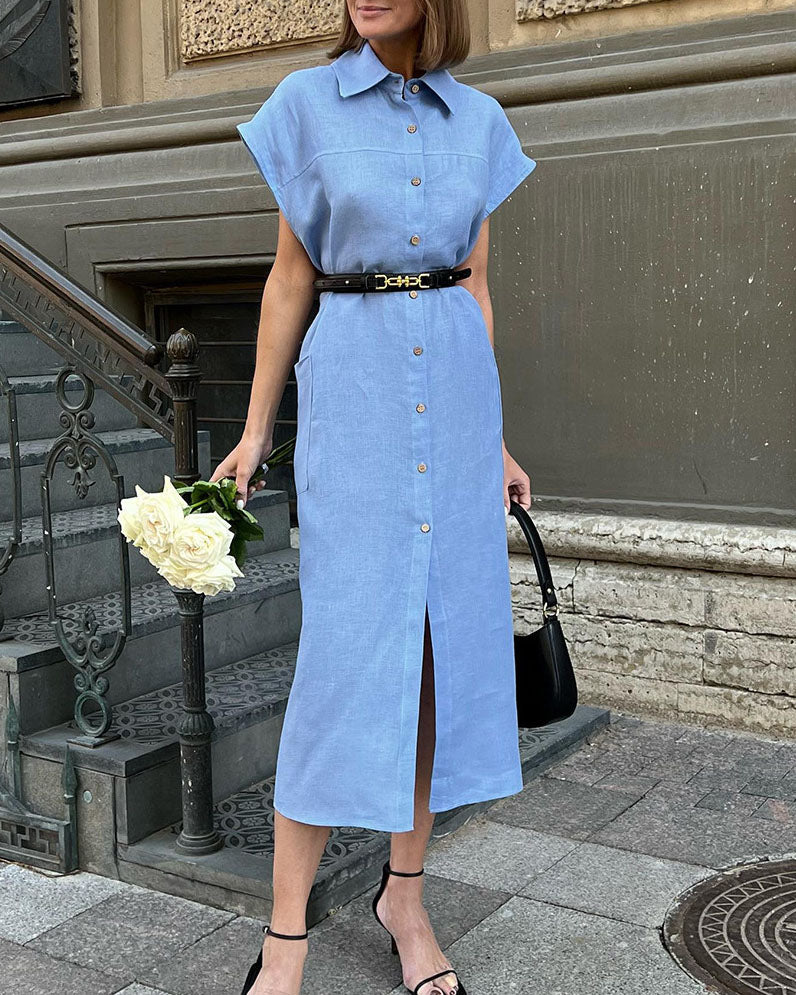 Vestido de algodón y lino con cuello camisero y cintura alta con lazo