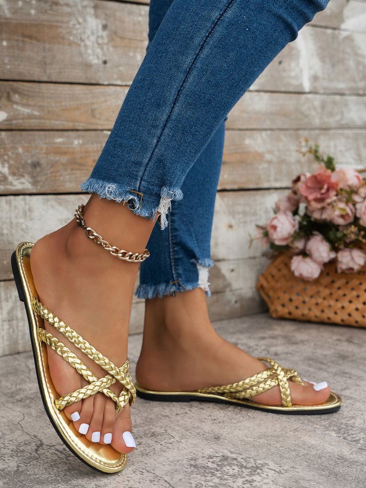 Gold and Silver Woven Toe-Ring Flat Slide Sandals