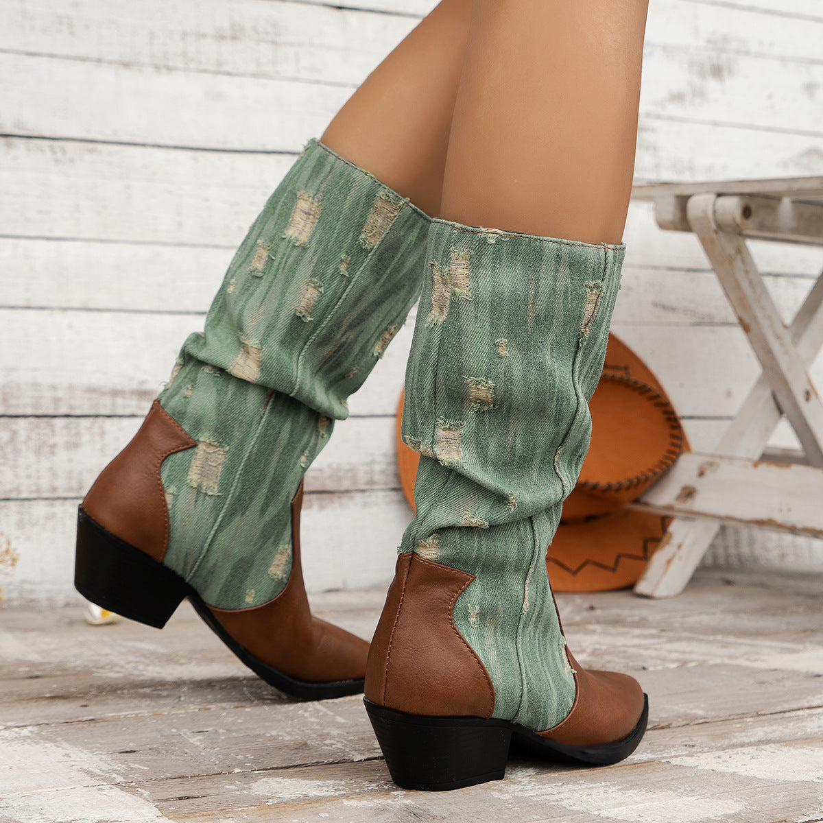 Distressed old style Canvas paneled block heel mid-calf boots