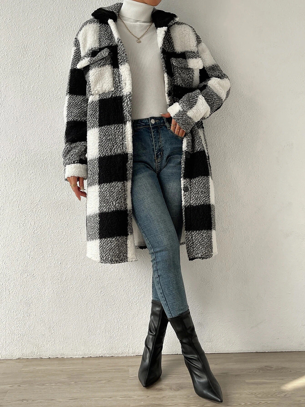 Button Front Long Sleeve Plaid Pattern Teddy Coat