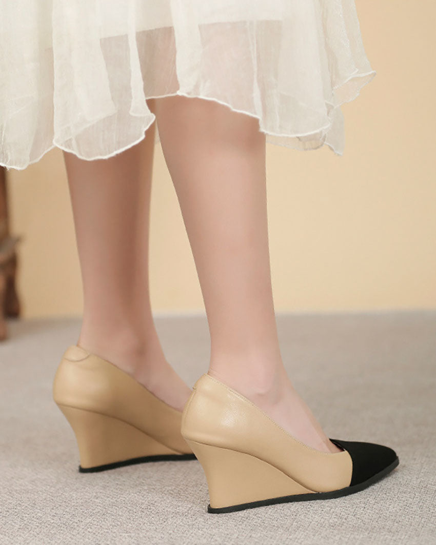 Khaki Colorblock Pointed Toe Wedge Heels