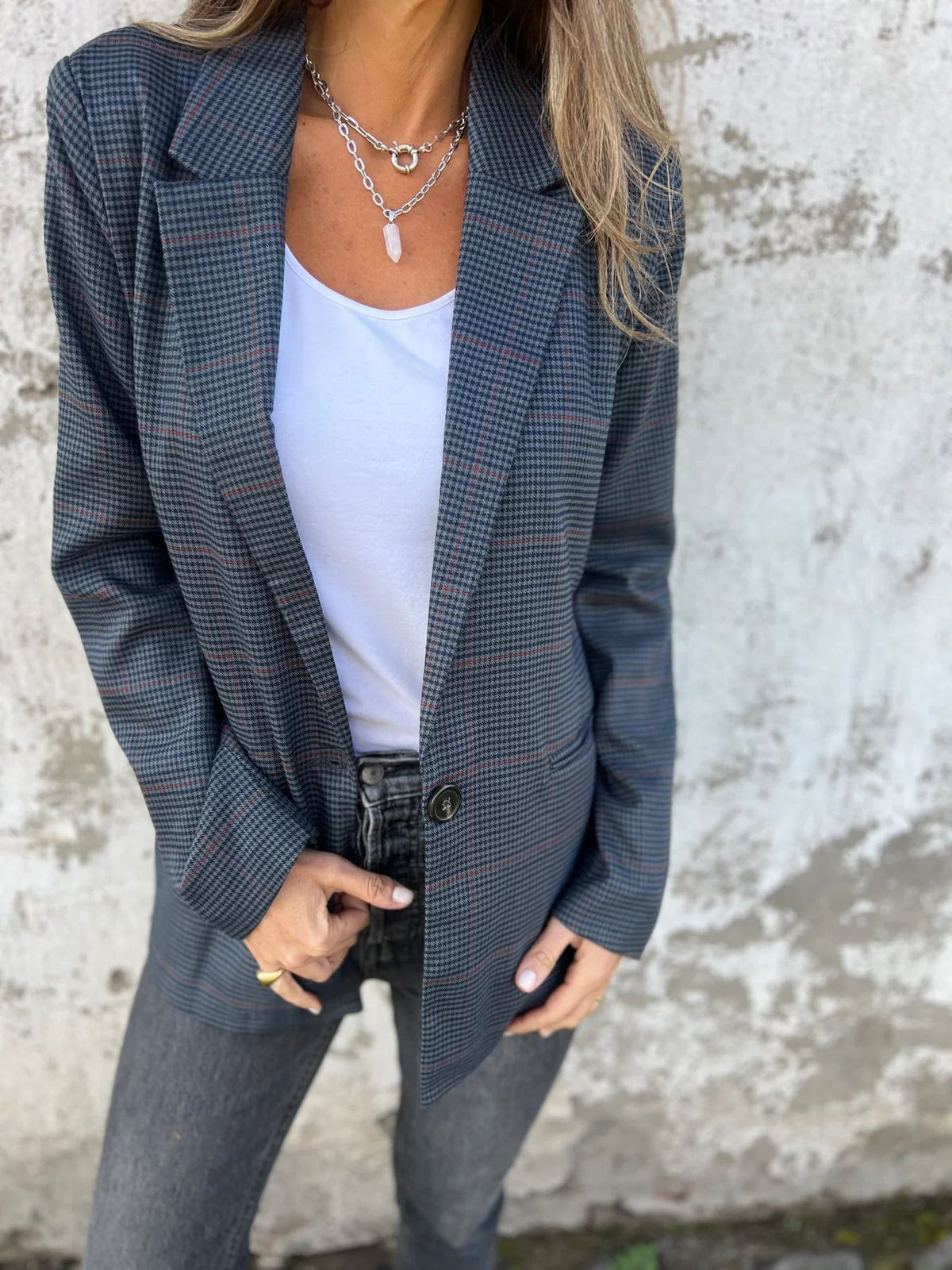 Houndstooth Single Button Pocket Blazer