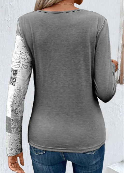 Printed patchwork long-sleeved knitted T-shirt