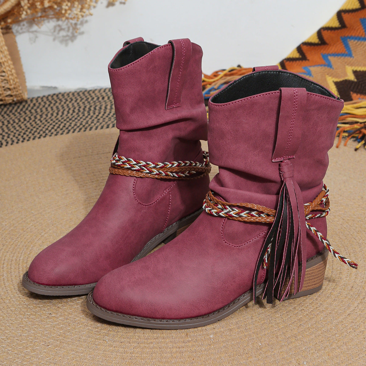 Thick mid heel pleated tassel mid calf boots