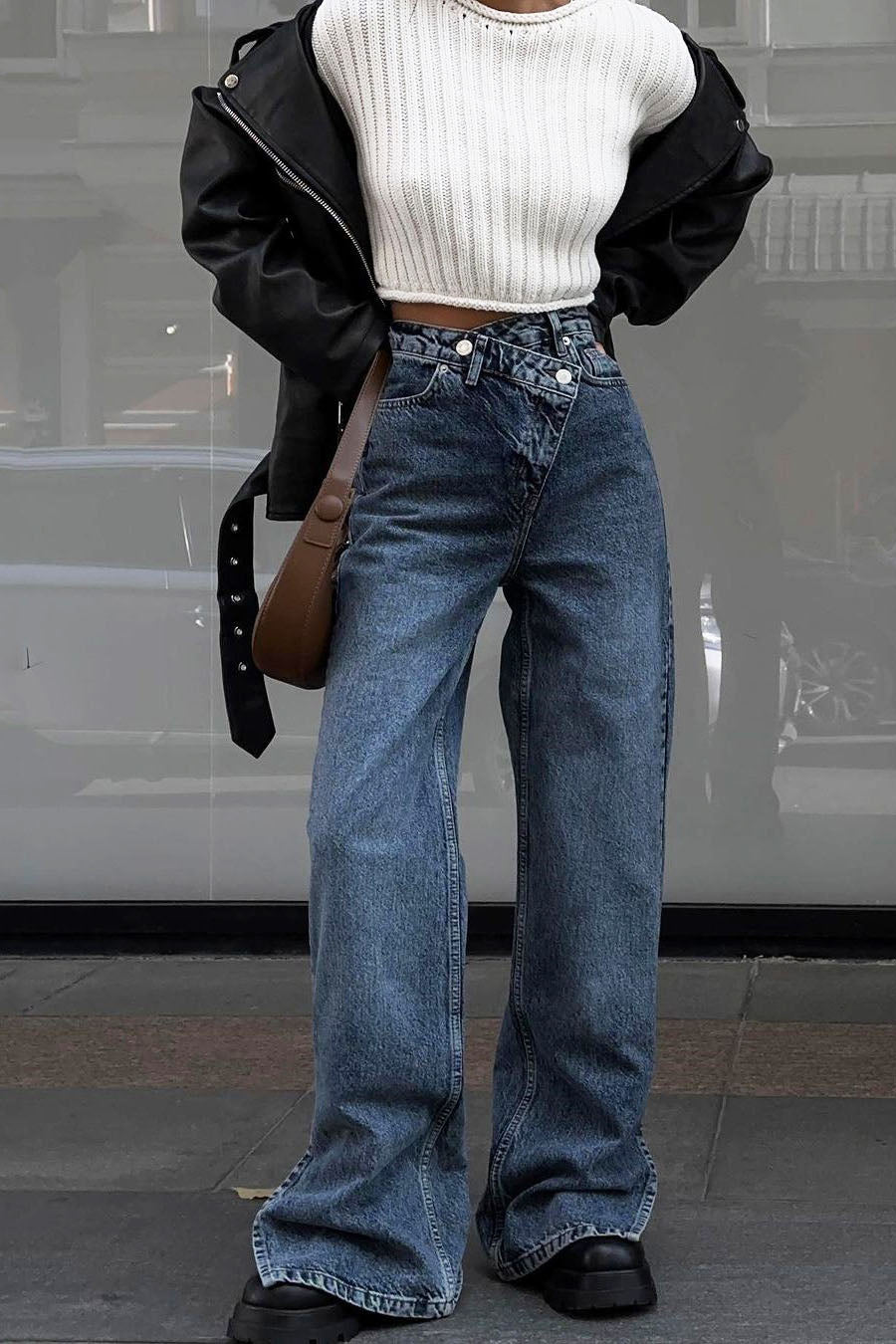 Asymmetric High-waisted Split Straight-leg Jeans