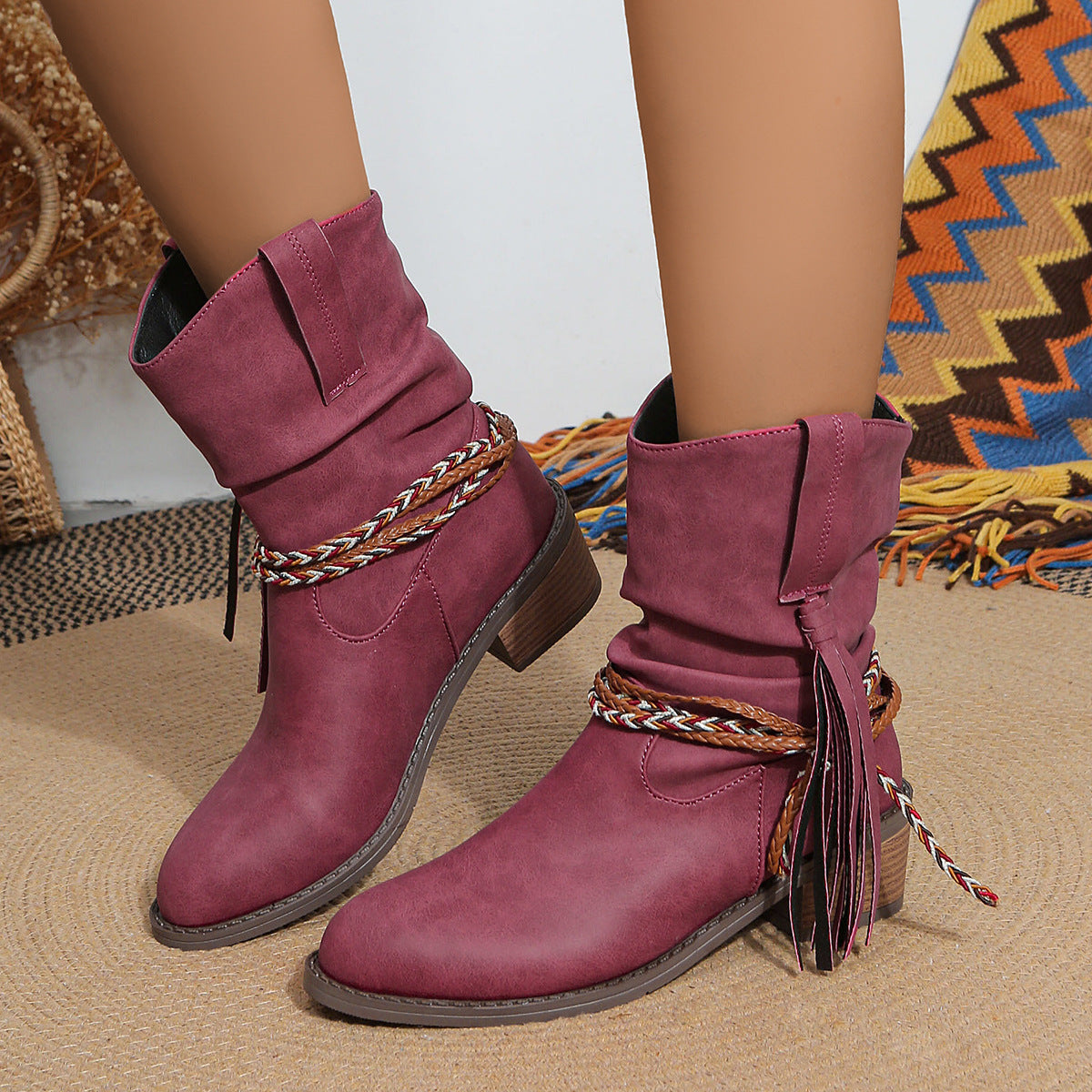 Thick mid heel pleated tassel mid calf boots