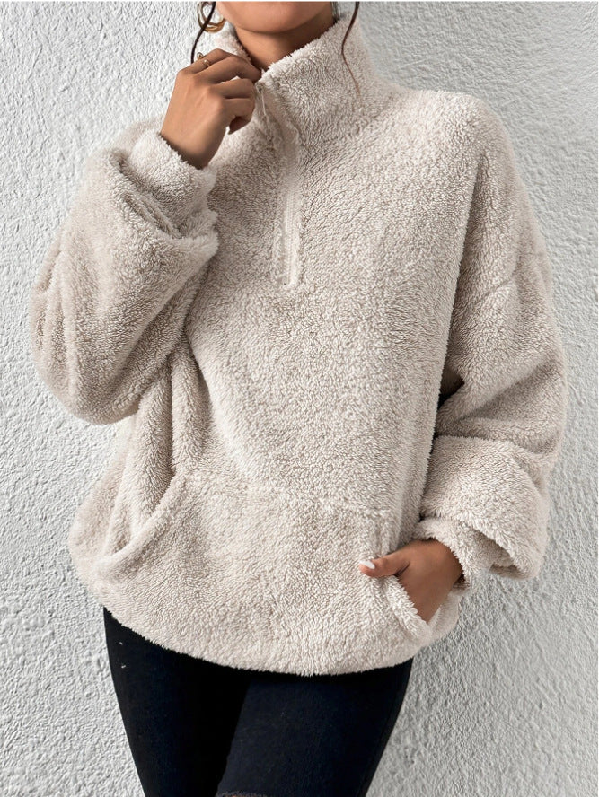 Plush kangaroo pocket stand collar sweatshirt