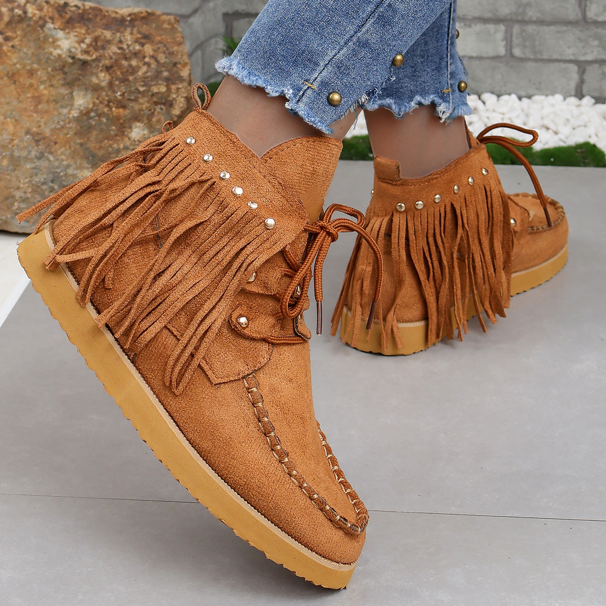 Suede fringed lace-up flat Chelsea boots