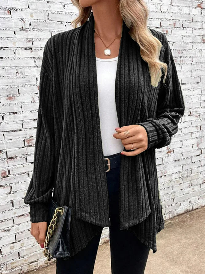 Irregular neckline ribbed knitted cardigan