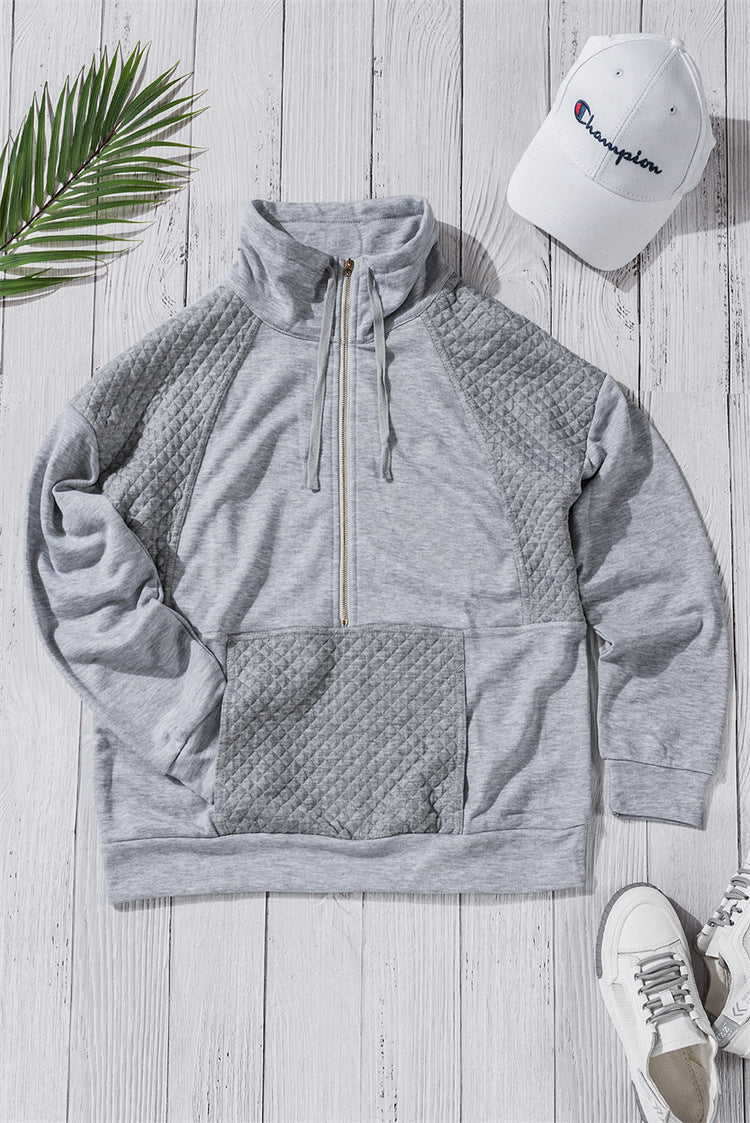 Diamond embossed collar drawstring zipper sweatshirt