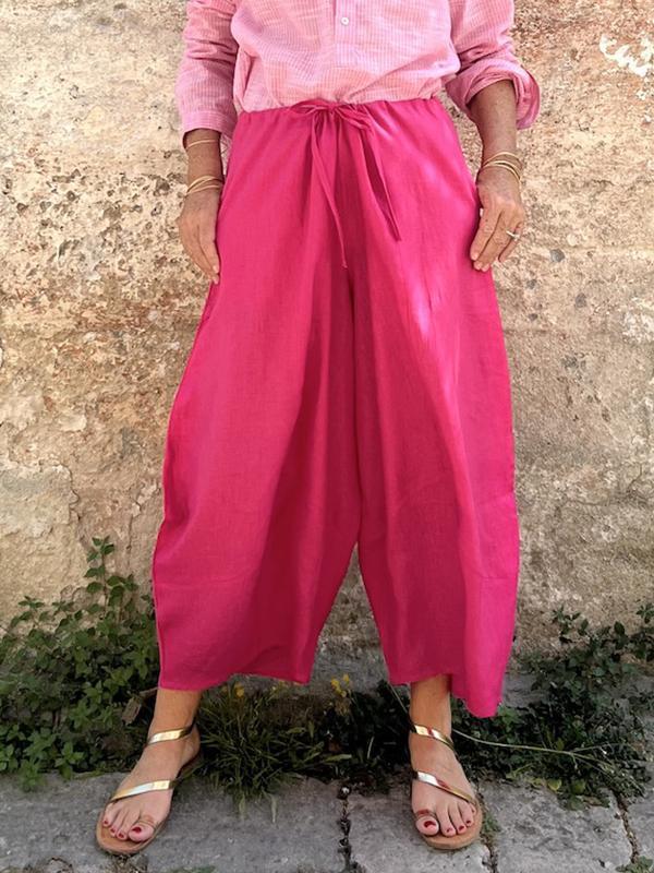 Linen solid color loose wide leg Cropped Pants