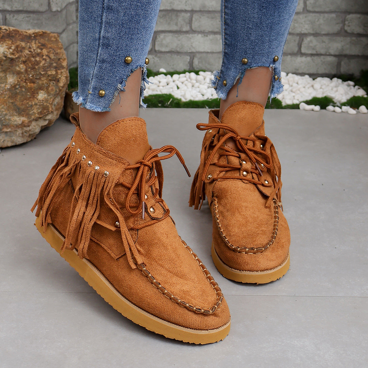 Suede fringed lace-up flat Chelsea boots