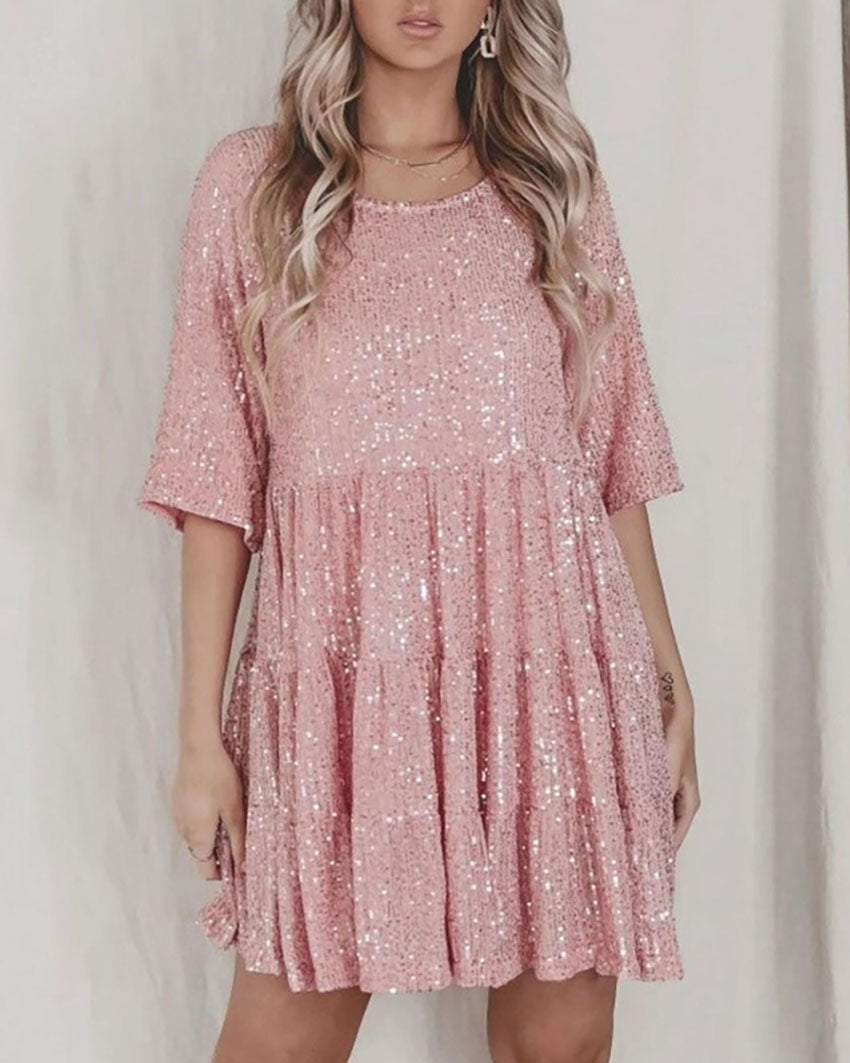 Sequin Round Neck Loose Waist Dress