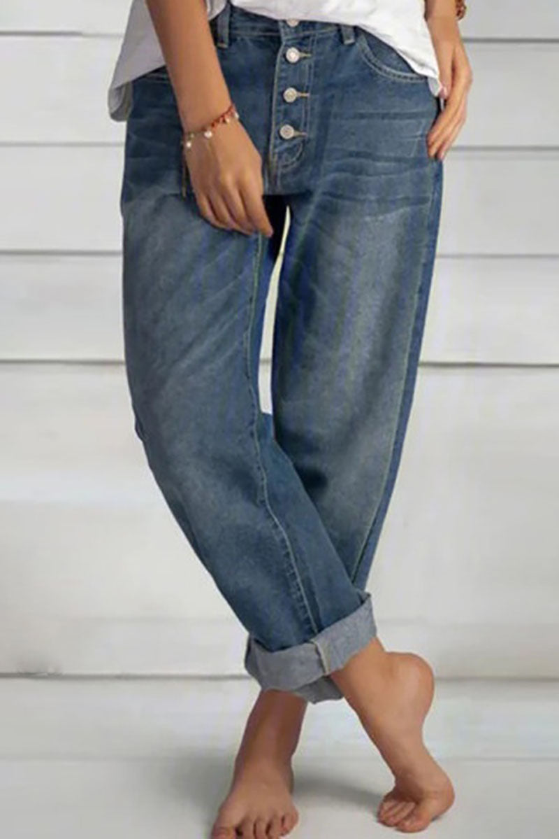 Rolled Hem Single-breasted Closure Denim Pants