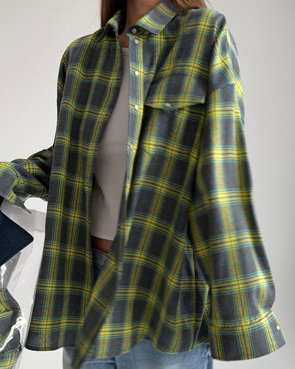 Retro versatile lapel plaid loose shirt