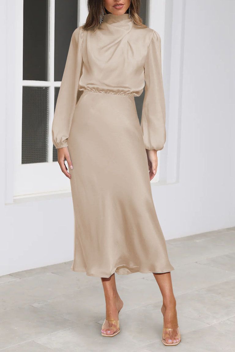 Robe mi-longue chic en satin à manches longues et col haut