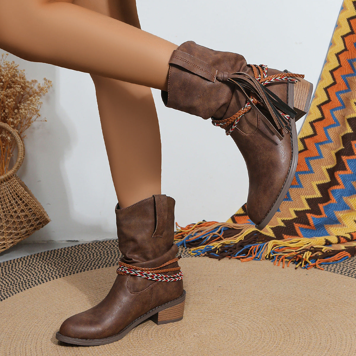 Thick mid heel pleated tassel mid calf boots