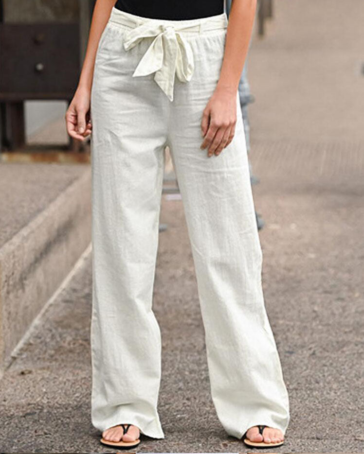 Cotton and linen waist tie loose wide-leg pants