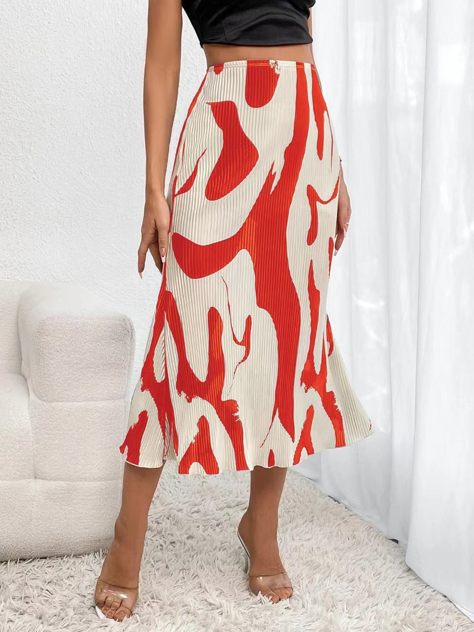 Printed High-Waisted Slim Fit Pleated Skirt