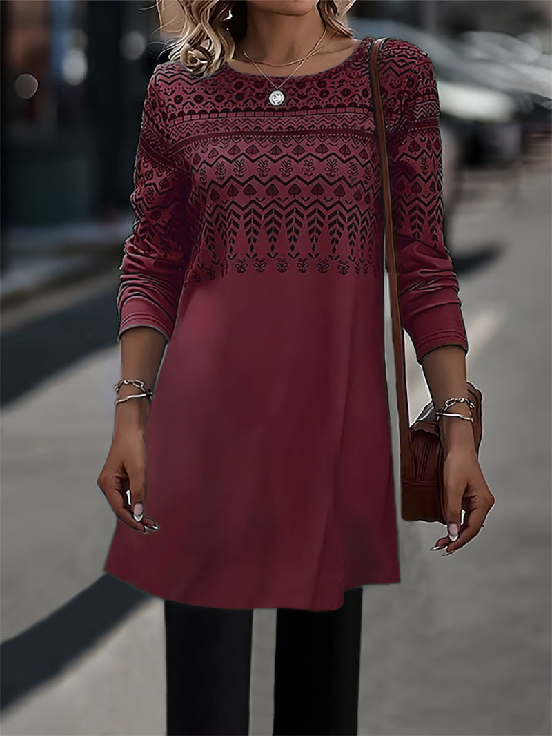 Printed long-sleeved mid-length knitted top