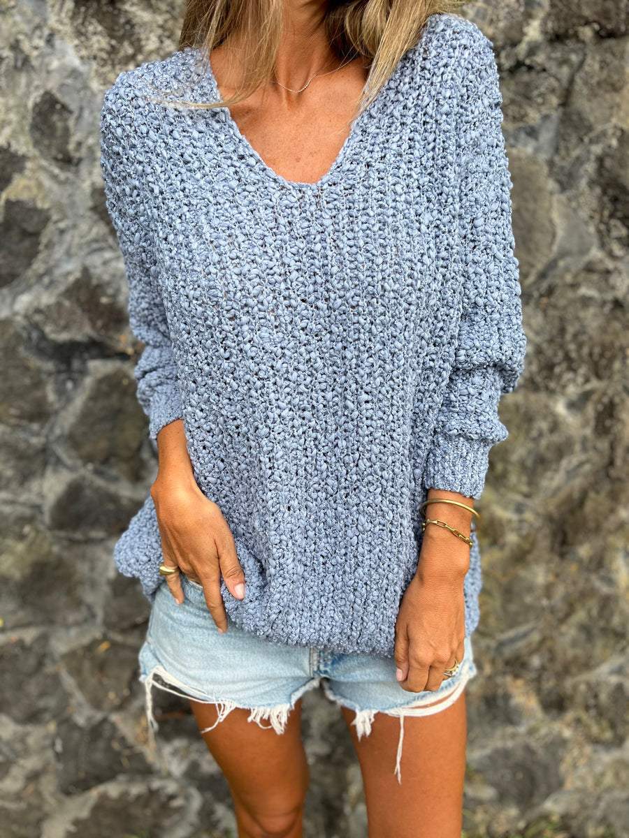 Chunky knitted V-neck cozy long-sleeved sweater