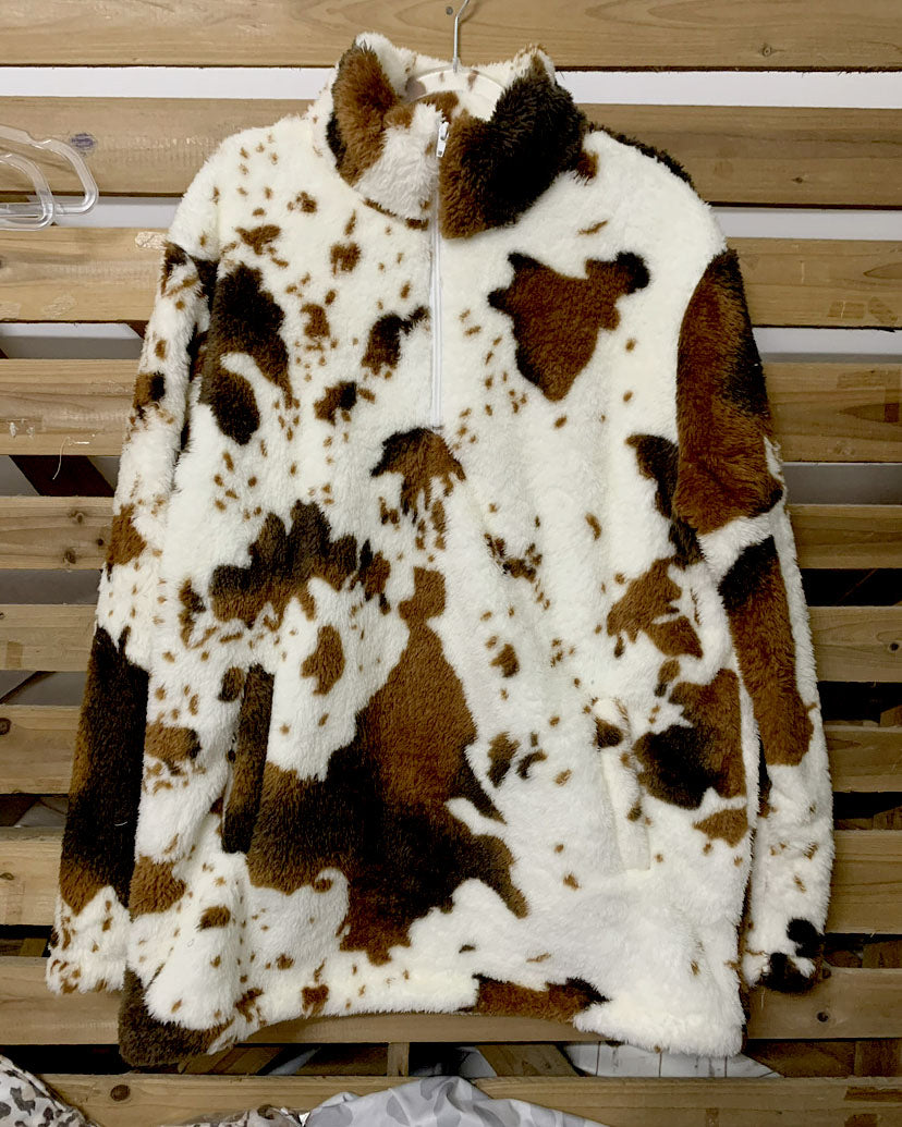 Cow print polar fleece zipper sweatshirt