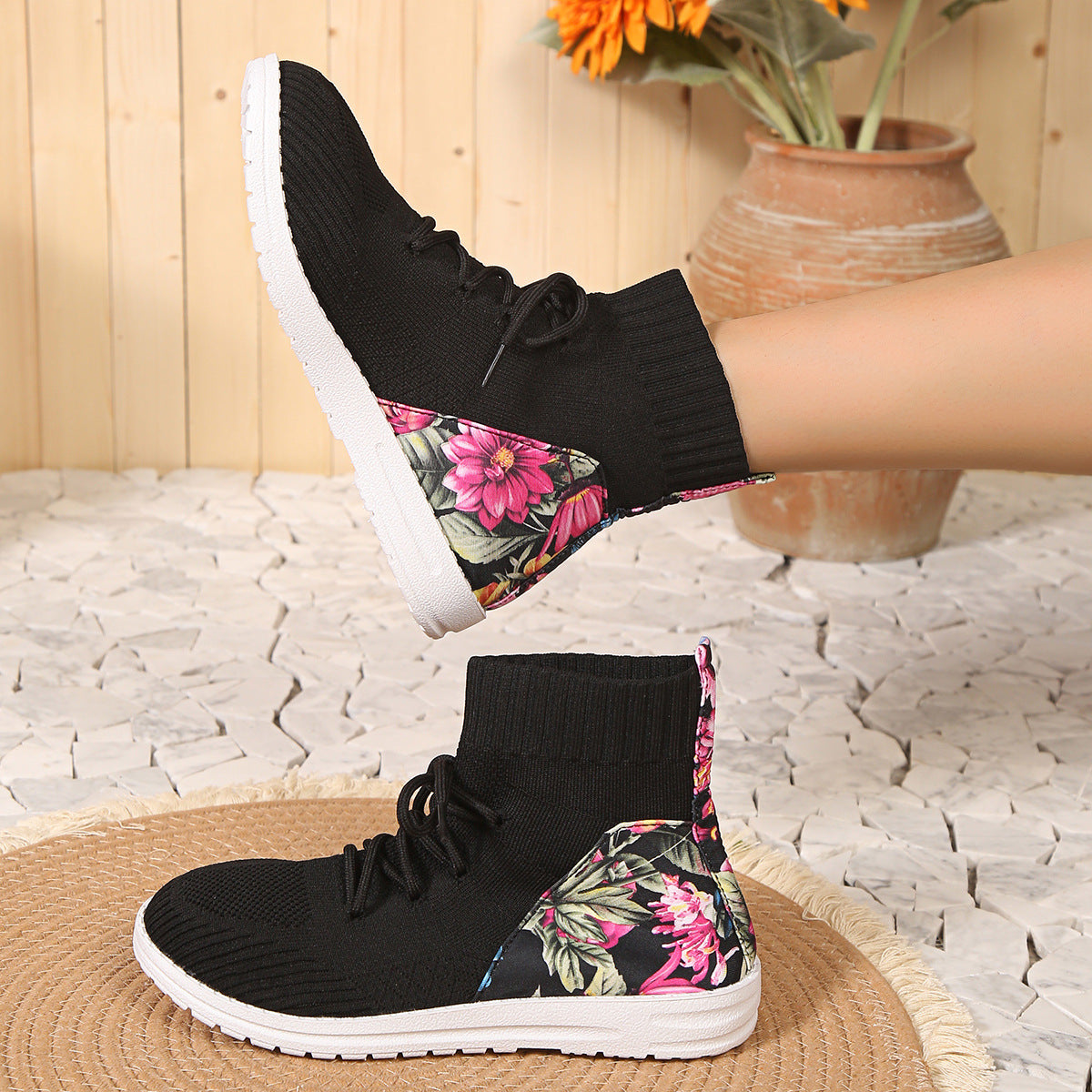 High-top round toe lace-up elastic sock boots