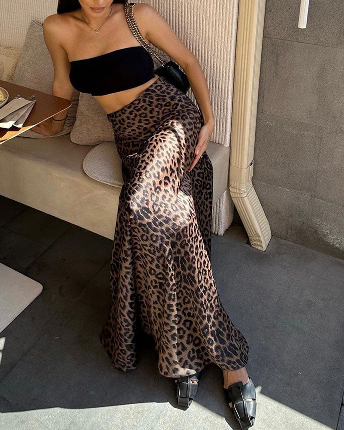 Satin Leopard Print Mermaid Skirt