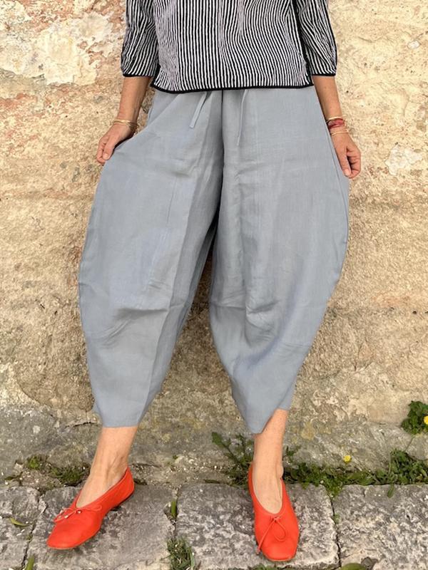 Linen solid color loose wide leg Cropped Pants