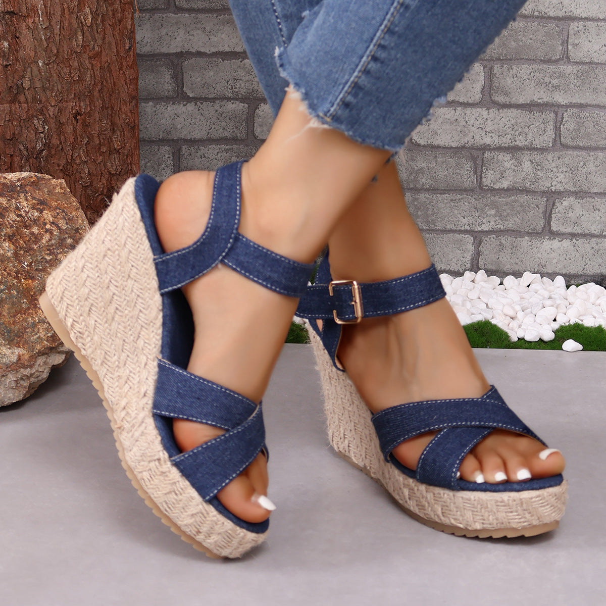 Denim open toe cross strap espadrilles wedge sandals