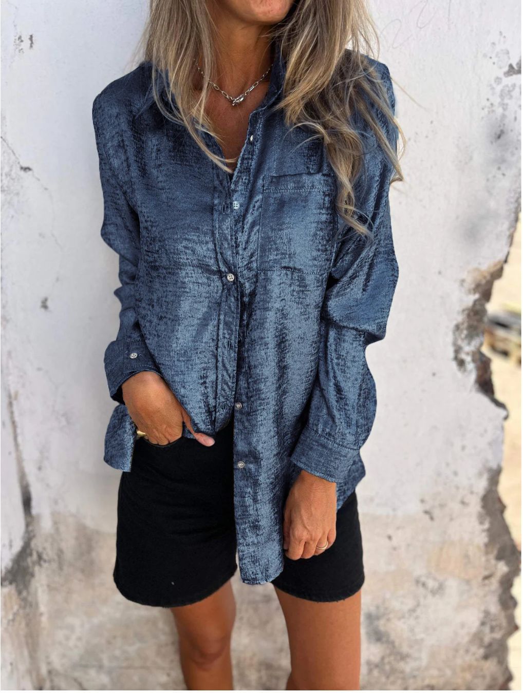 Chic Metallic Suede Lapel Shirt