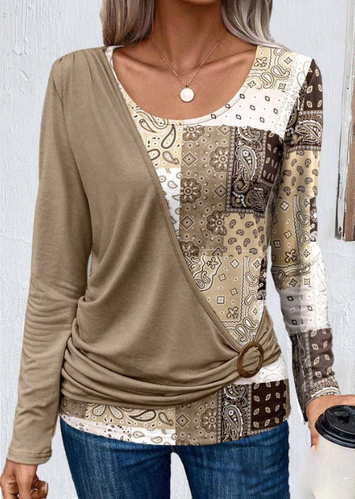 Printed patchwork long-sleeved knitted T-shirt