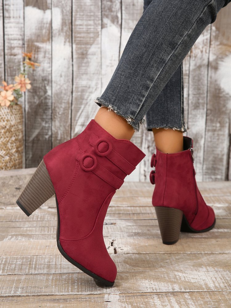 Suede block heel belt buckle side zip Martin boots