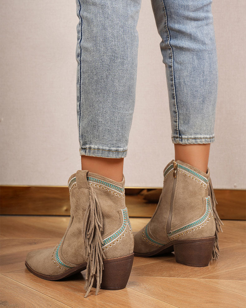 Suede Mid Heel Ankle Tassel Rider Boots