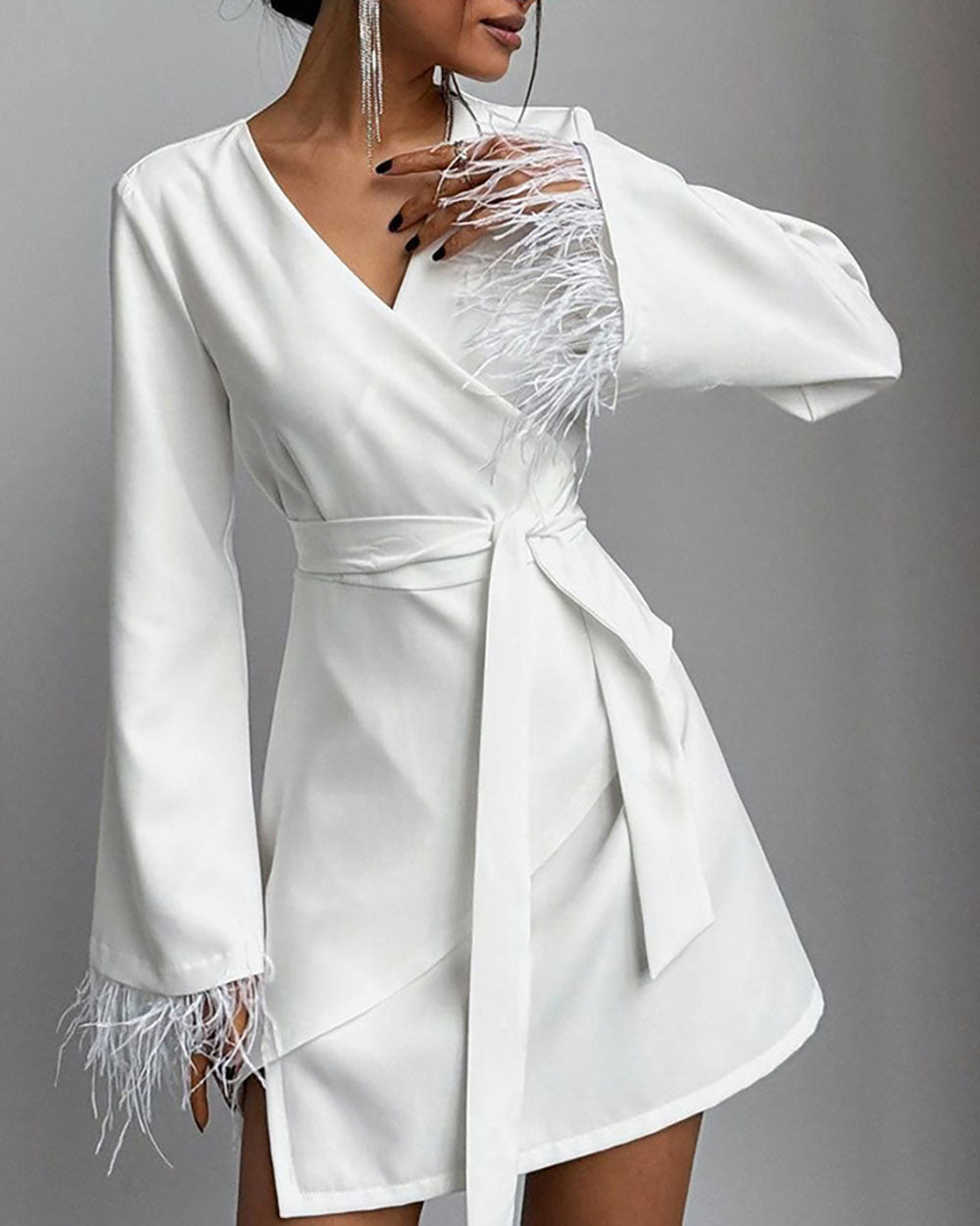 White Lace-up Long Sleeve Feather Mid-length Coat