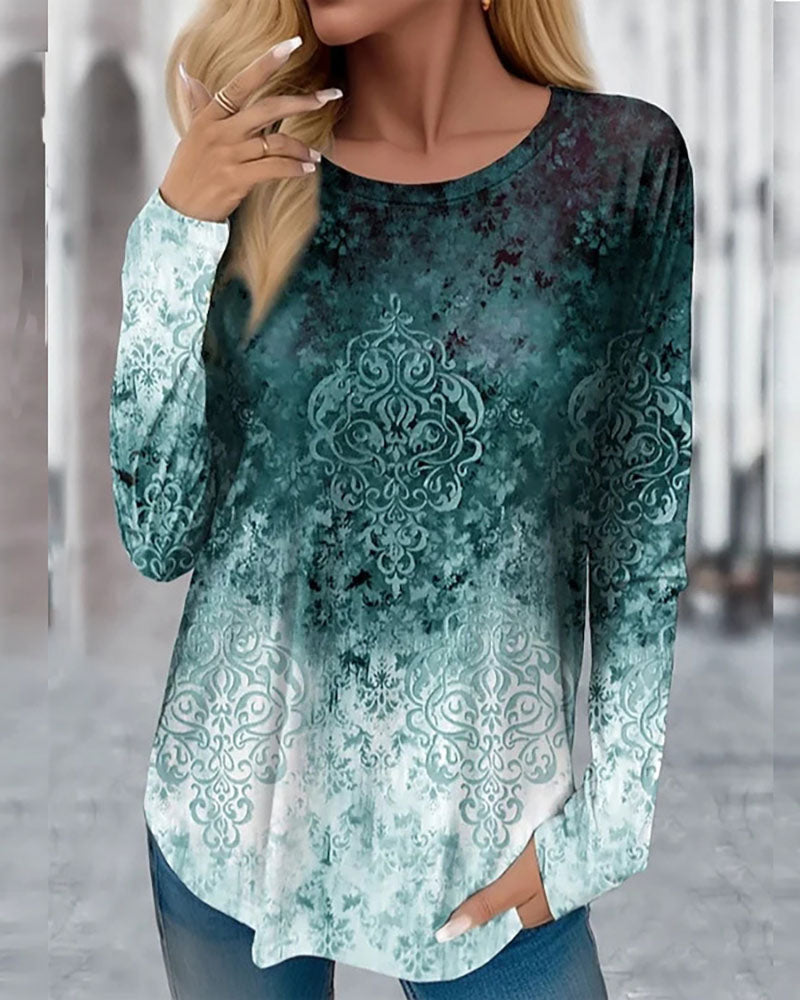 Dark Green Tie Dye Printed Long Sleeve T-Shirt