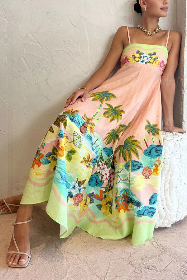 Vestido de tirantes con estampado de paisajes tropicales