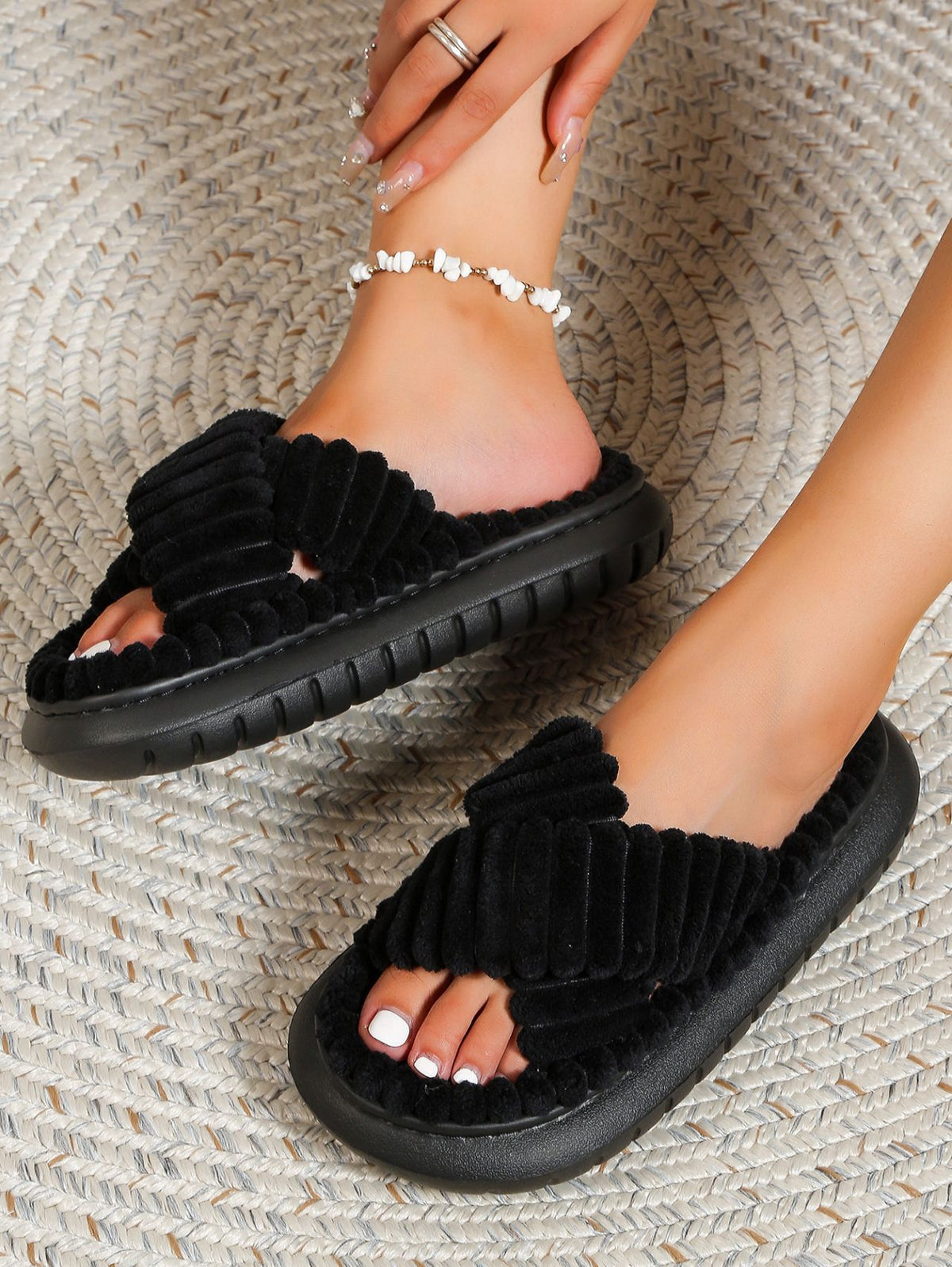 Slip On Plush Cross Strap Platform Slippers