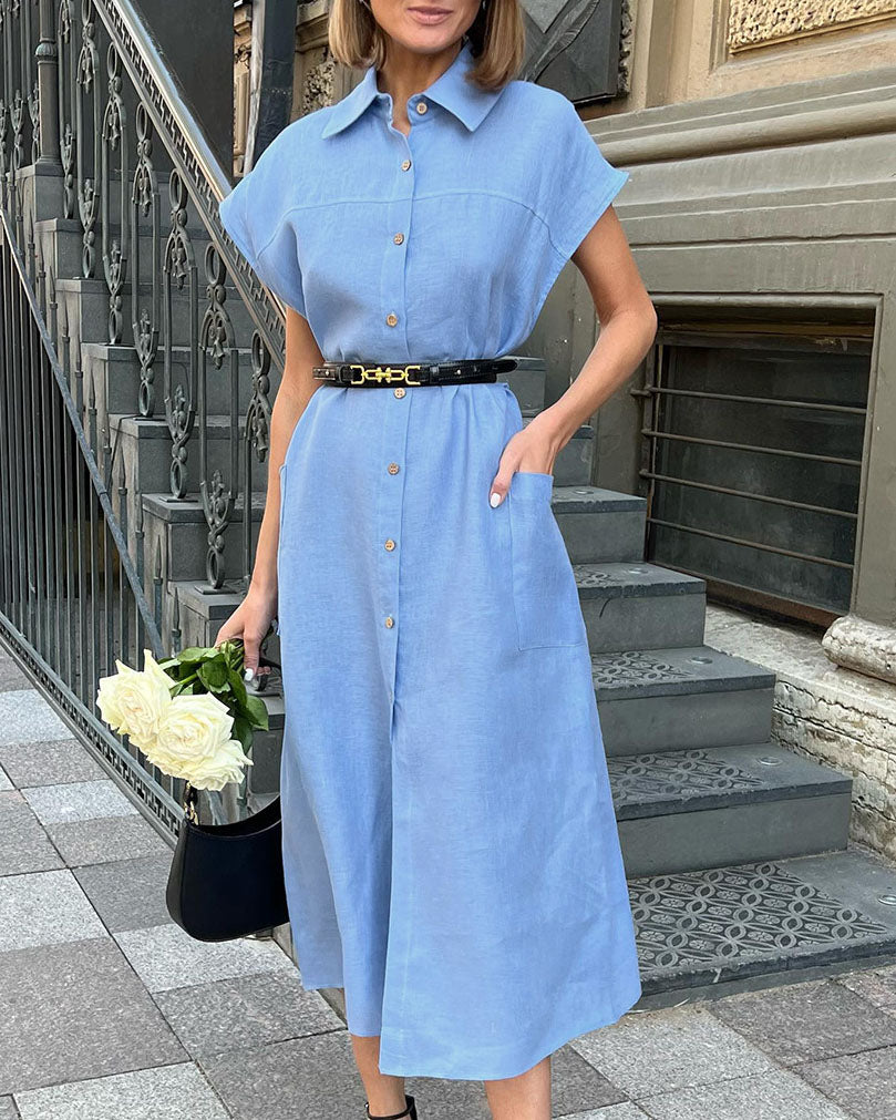 Vestido de algodón y lino con cuello camisero y cintura alta con lazo