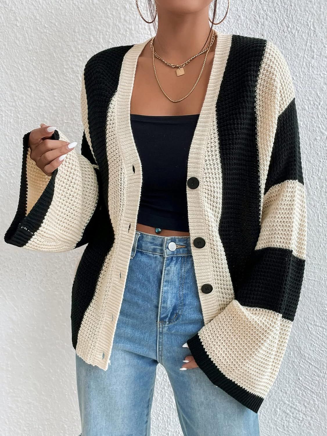 Striped contrast bell sleeve knitted cardigan