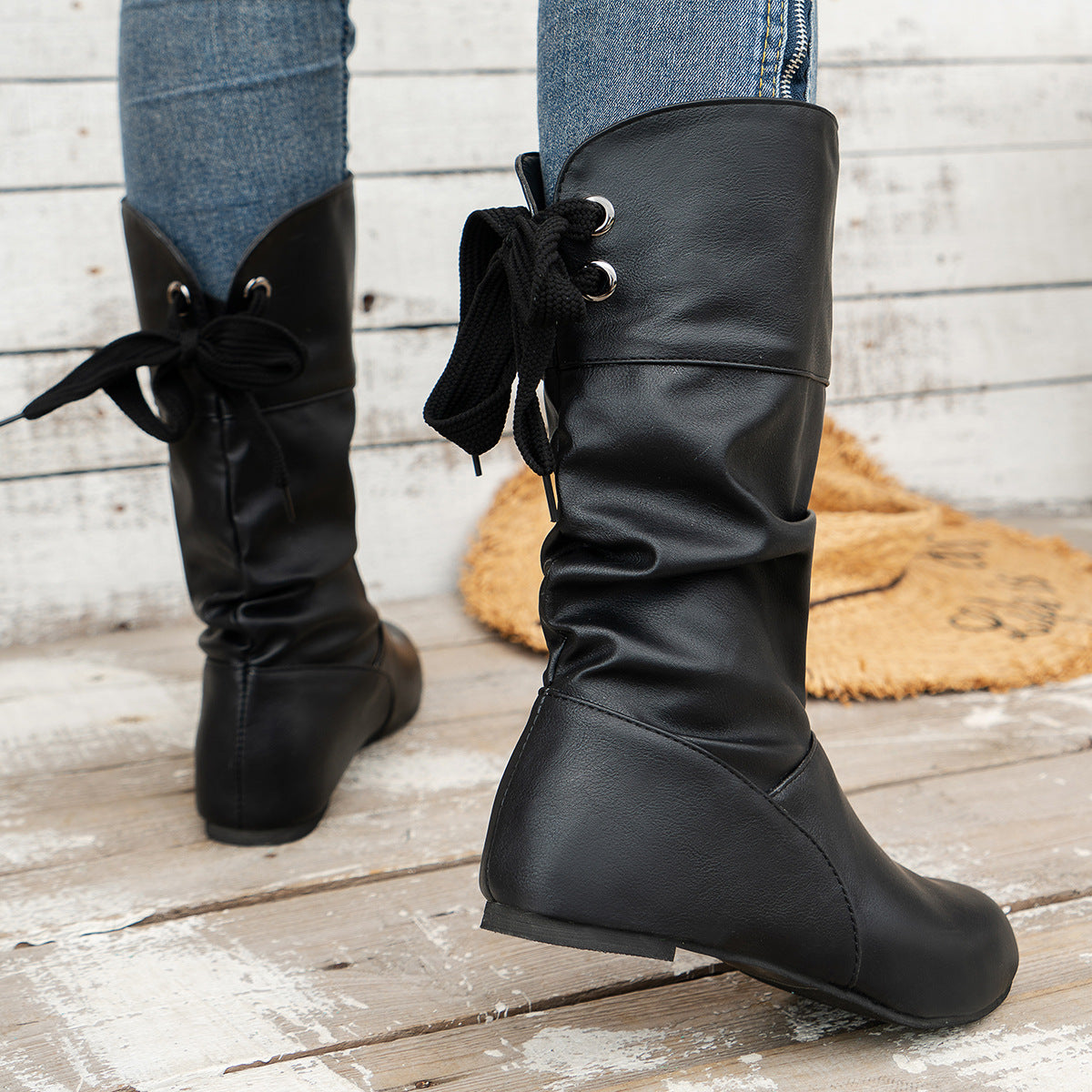 Round toe back bow mid-calf boots