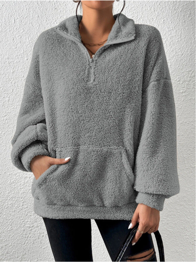 Plush kangaroo pocket stand collar sweatshirt