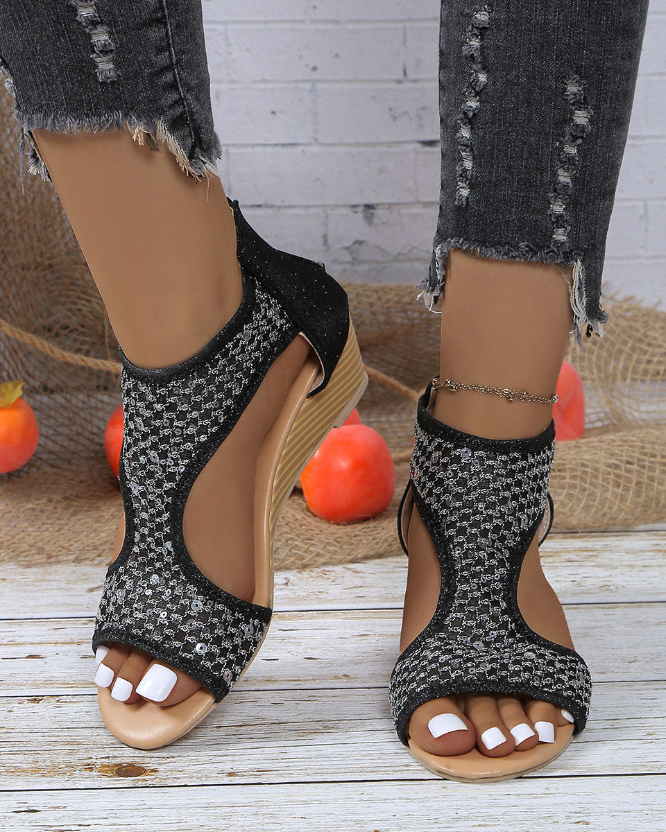 Shiny Breathable Mesh Platform Wedge Sandals